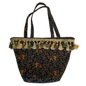 Vintage Thai Elephant Tapestry Tote Bag Tassel Fringe Boho Festival Navy